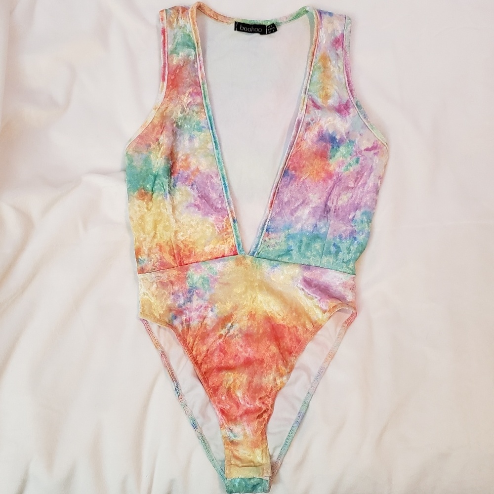 BooHoo velvet deep v one piece bodysuit